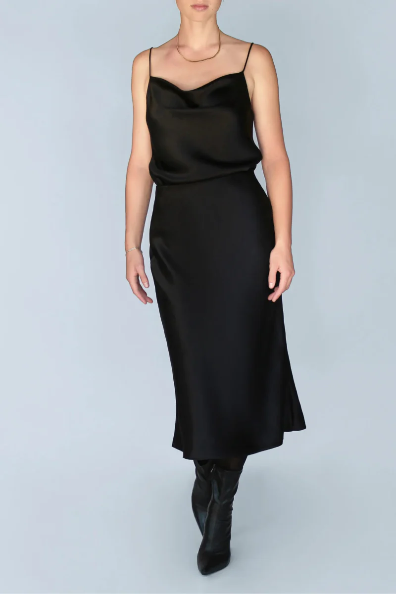Jacoba Jane Classic Silk Satin Midi Skirt (Black) - Image 7