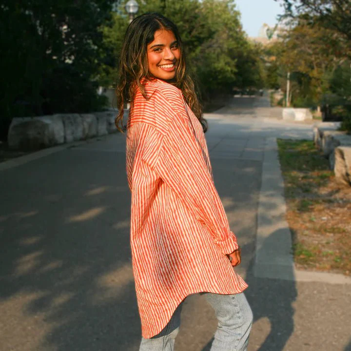Kate Austin Designs Claude Shirt (Coral Red & Sand Wavy Stripe)