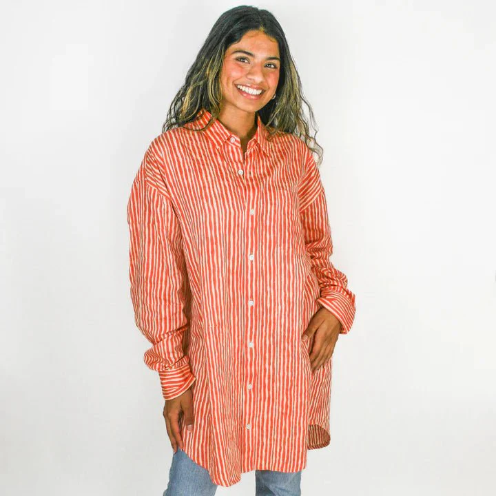 Kate Austin Designs Claude Shirt (Coral Red & Sand Wavy Stripe) - Image 2