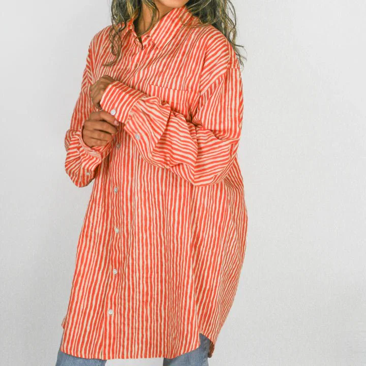 Kate Austin Designs Claude Shirt (Coral Red & Sand Wavy Stripe) - Image 3