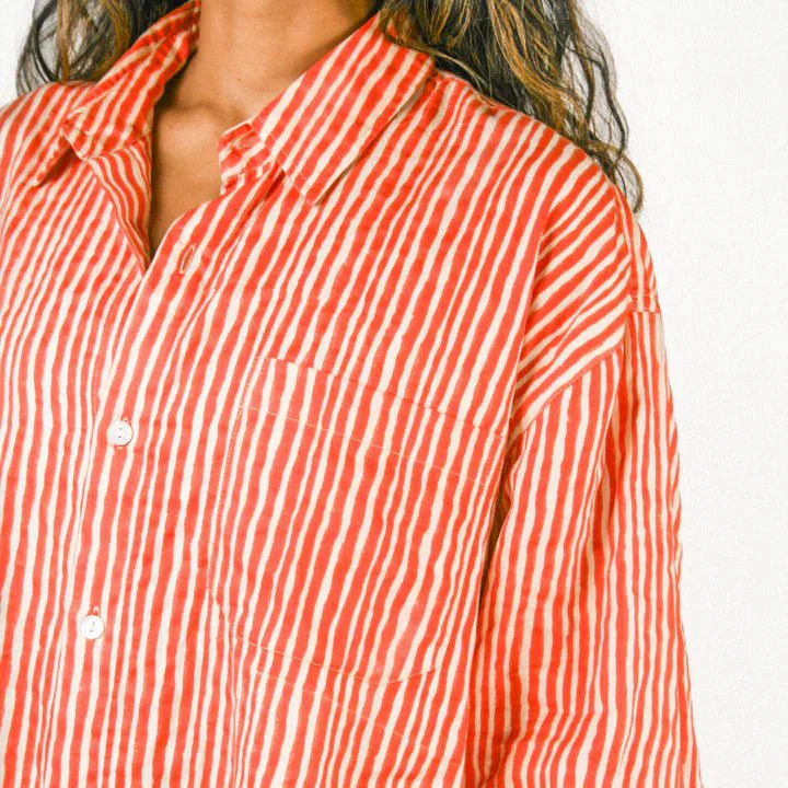 Kate Austin Designs Claude Shirt (Coral Red & Sand Wavy Stripe) - Image 4
