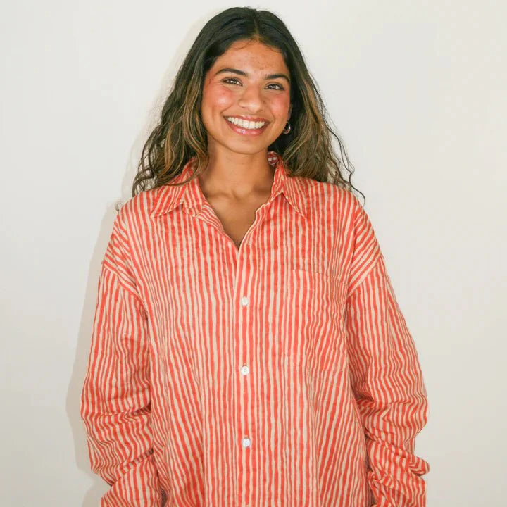 Kate Austin Designs Claude Shirt (Coral Red & Sand Wavy Stripe) - Image 5