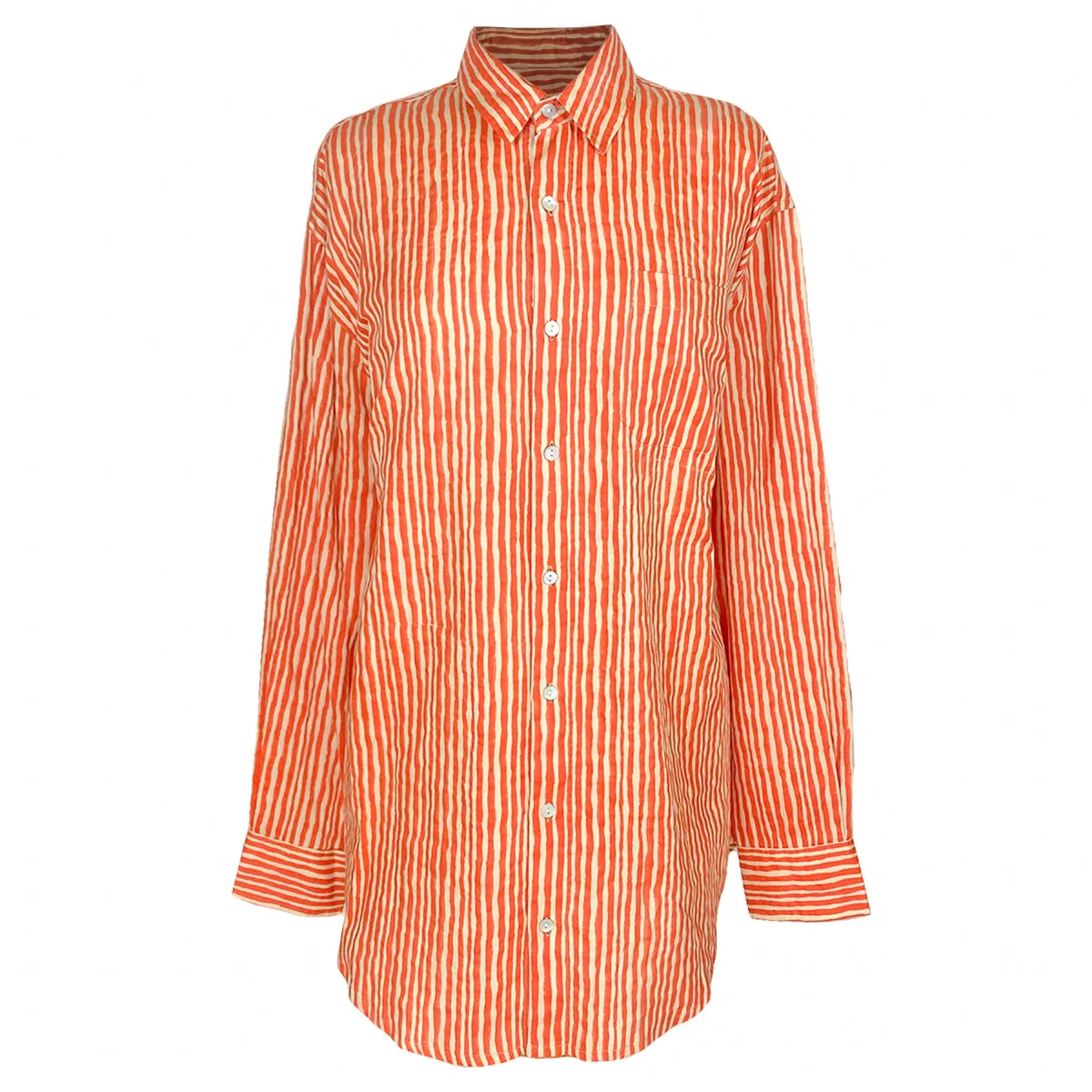 Kate Austin Designs Claude Shirt (Coral Red & Sand Wavy Stripe) - Image 6