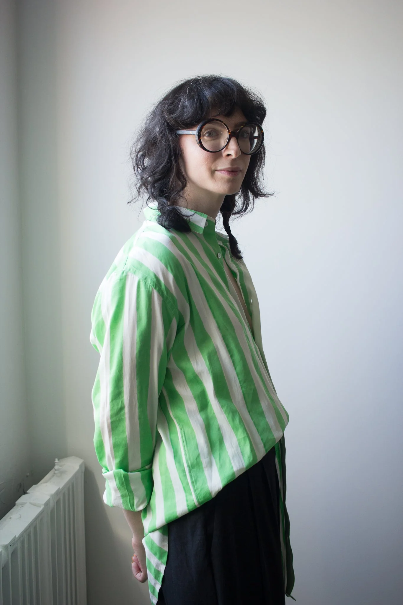 Kate Austin Designs Claude Shirt (Green and White Cabana Stripe) - Image 3
