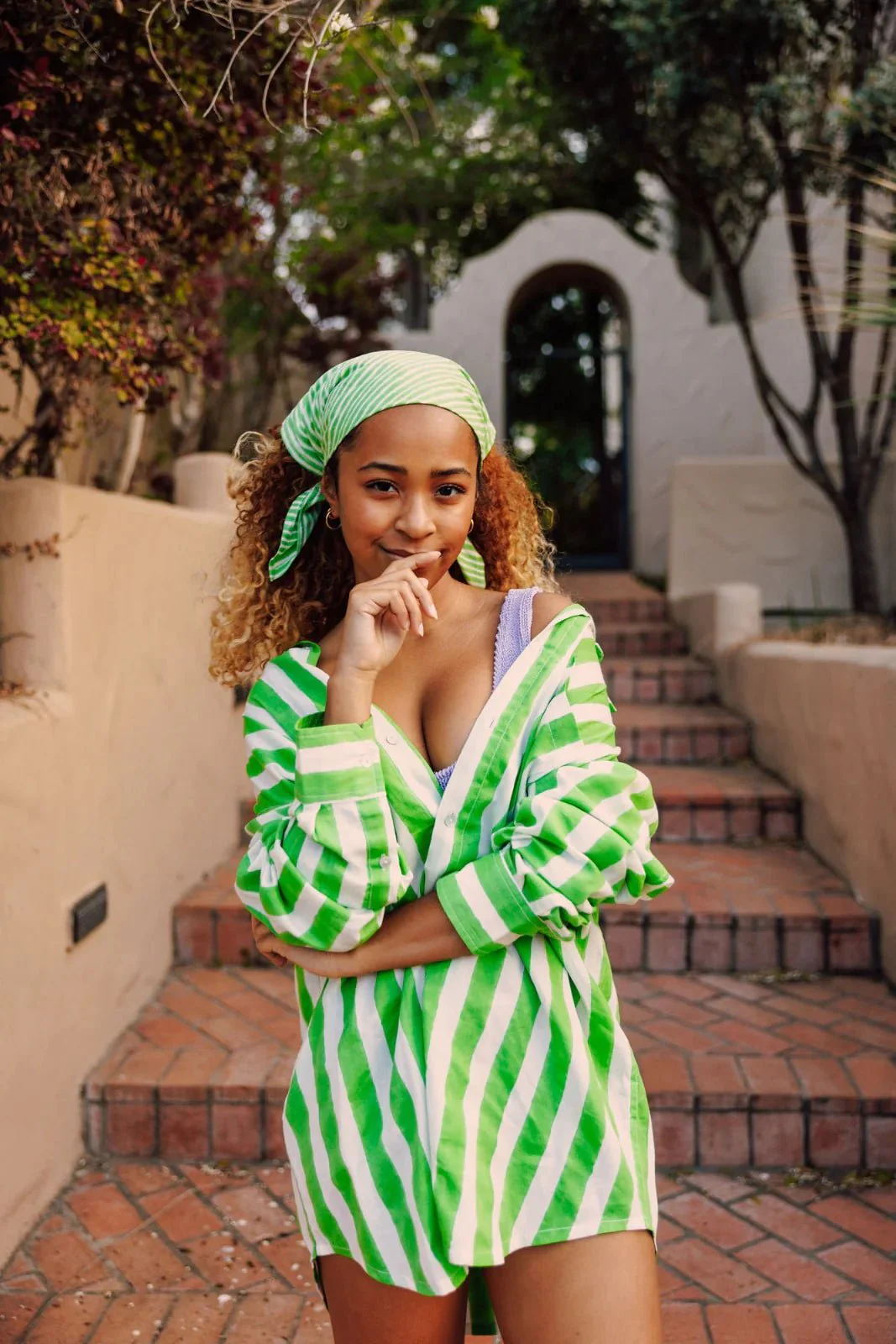 Kate Austin Designs Claude Shirt (Green and White Cabana Stripe) - Image 7