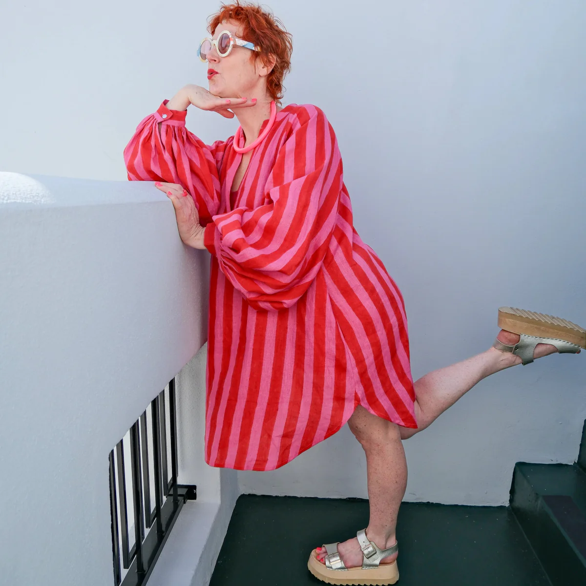 Kate Austin Designs Meret Linen Dress (Pink/Red Cabana Stripe) - Image 4