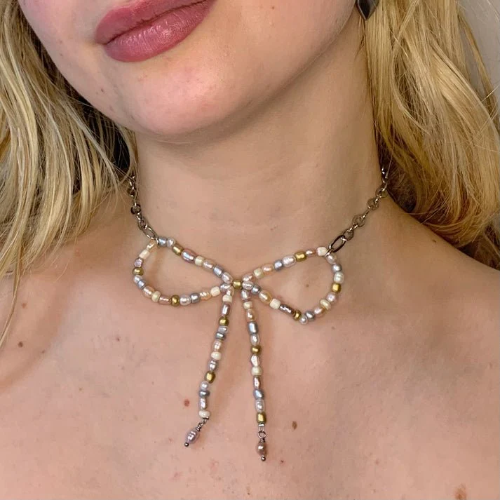 LILOU Gems Pearl Bow Necklace (Gold or Silver) - Image 4