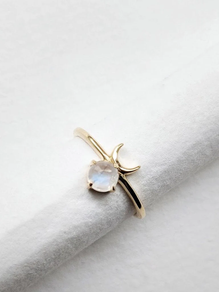 Little Gold Artemis Ring (Rainbow Moonstone) - Image 4