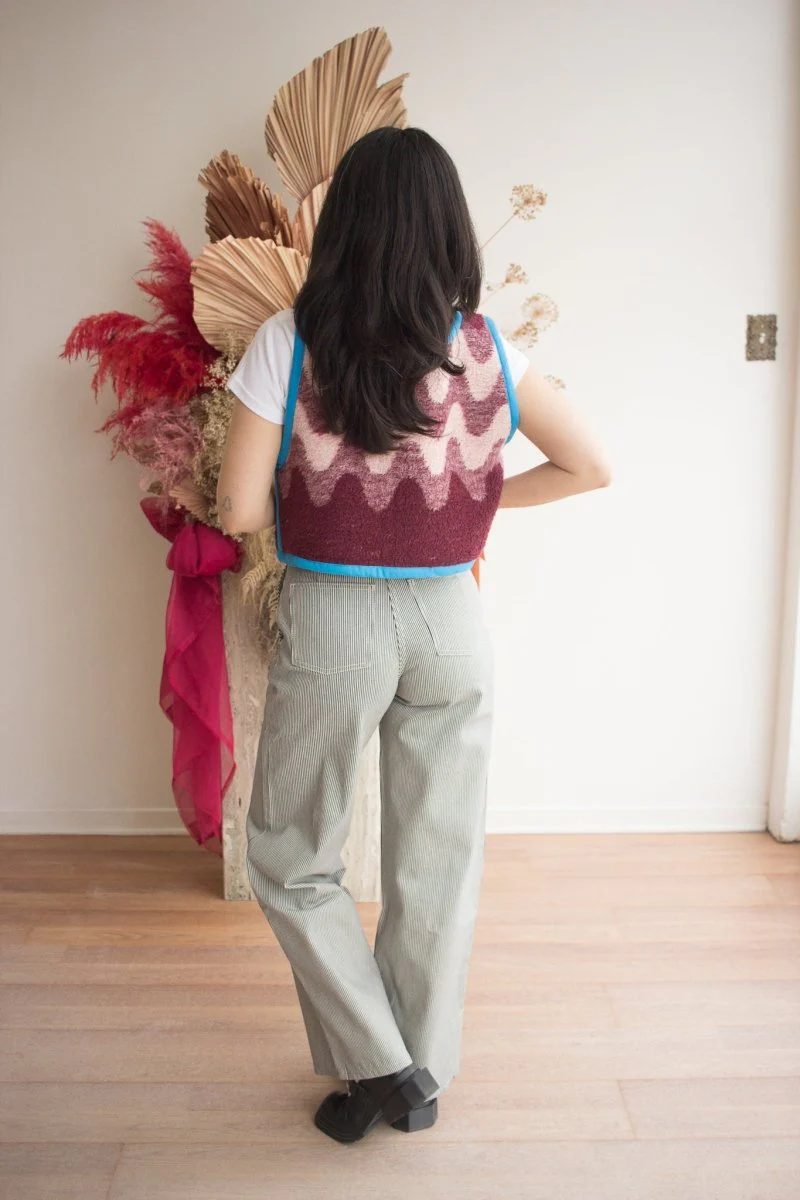 Middle Sister Co. Quilted Tie Vest (Burgundy Wave with Blue) - Image 4