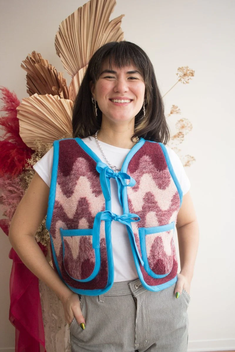 Middle Sister Co. Quilted Tie Vest (Burgundy Wave with Blue)