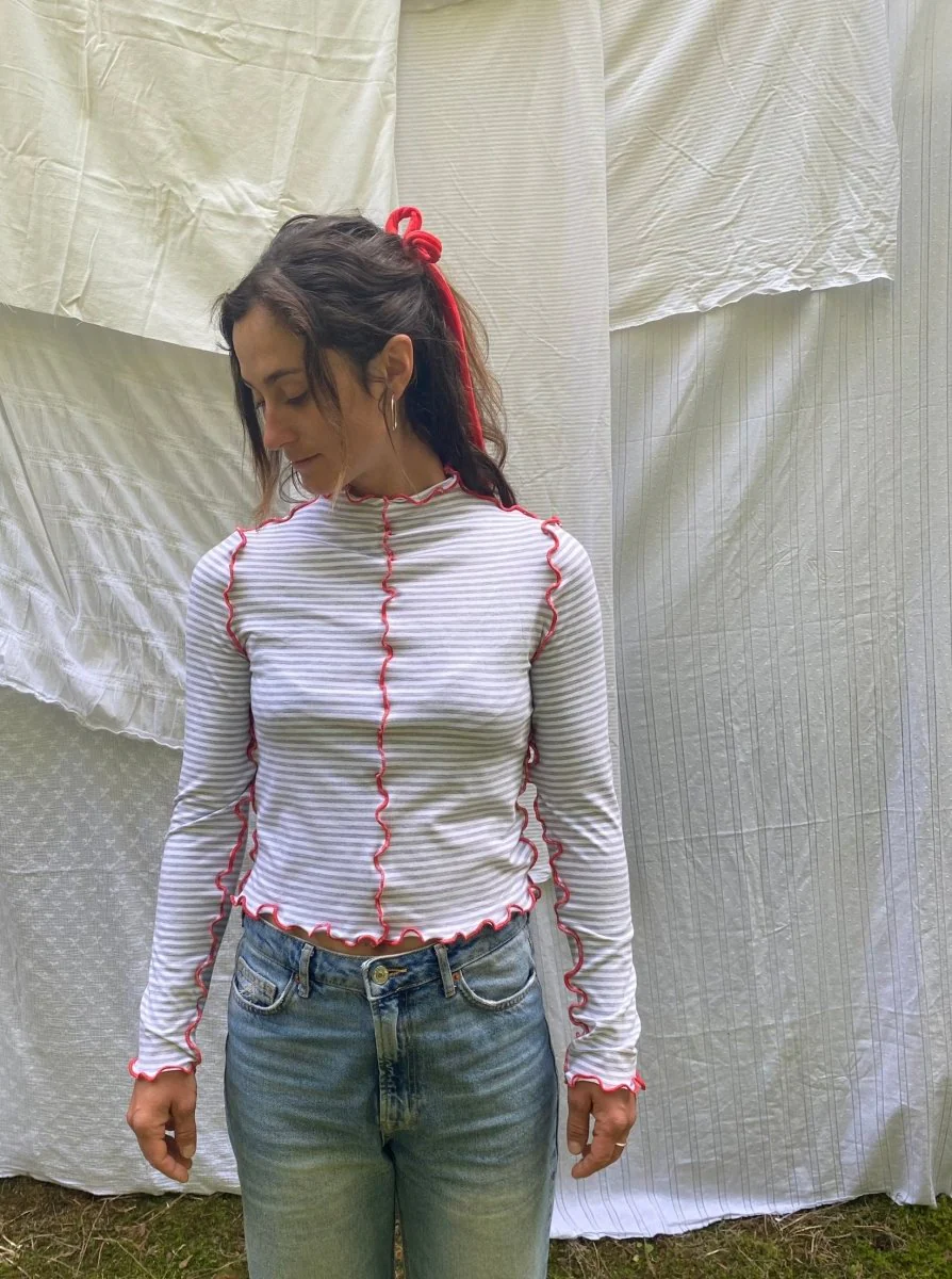 Olive Rose Wiggley Long Sleeve Top (Grey Stripe/Red) - Image 2